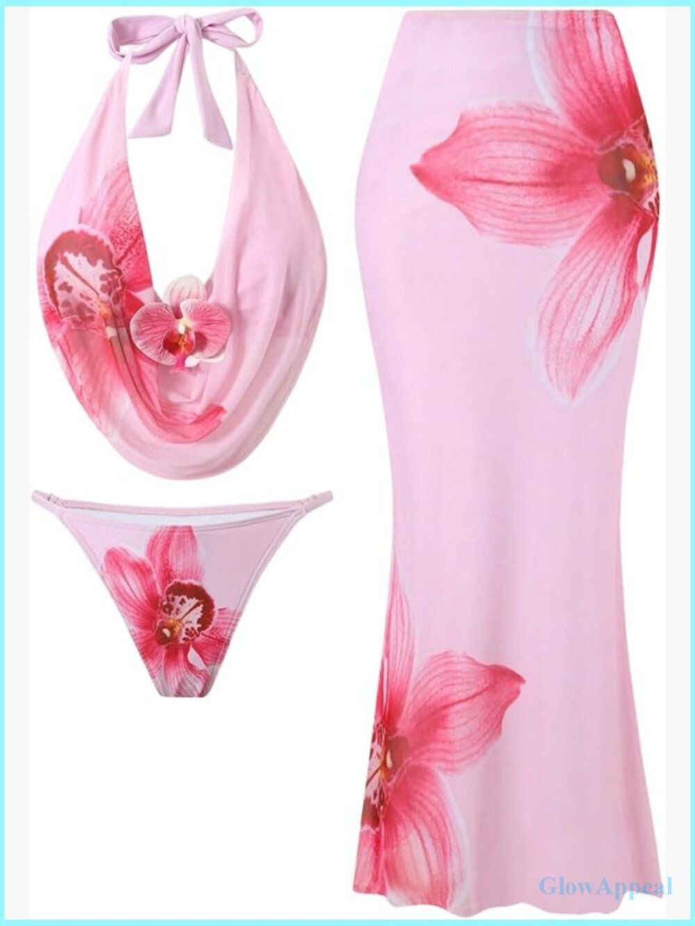 3 Piece Floral Halter Bikini Set with Long Cover Up Beach Skirt